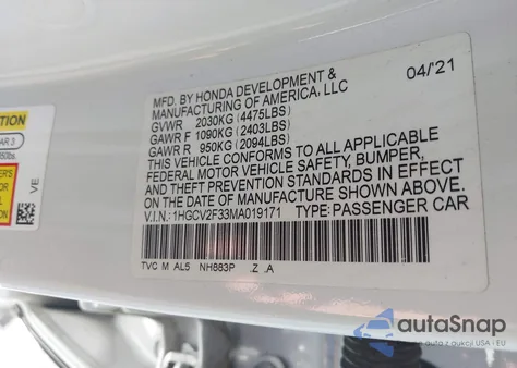 2021 Honda Accord Sport 2.0T из США, поврежденный, VIN 1HGCV2F33MA019171